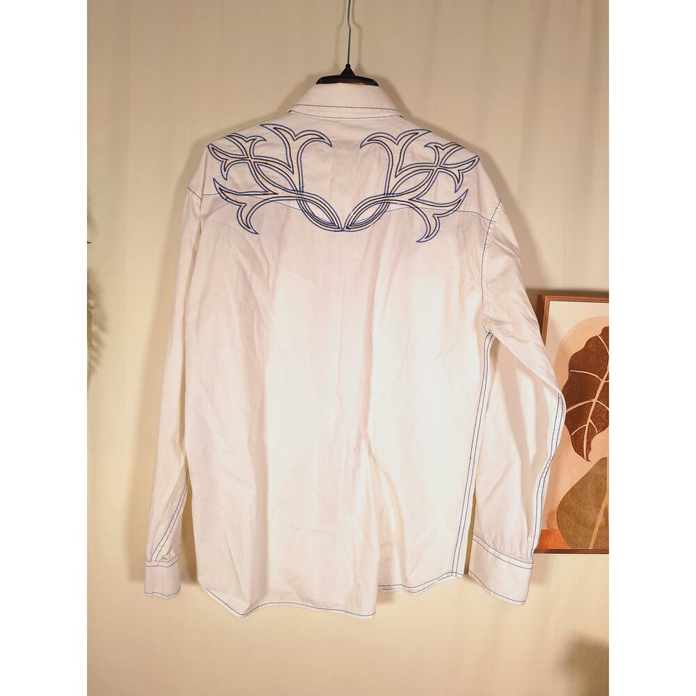 Red Ranch Men's White Blue Embroidered Snap Button-Up Long-Sleeved Shirt - Picture 3 of 4